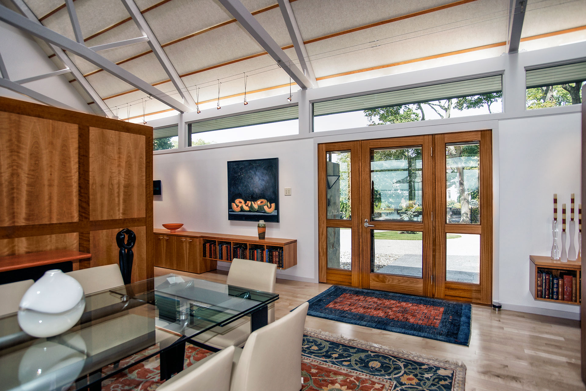 Living room with wood windows
